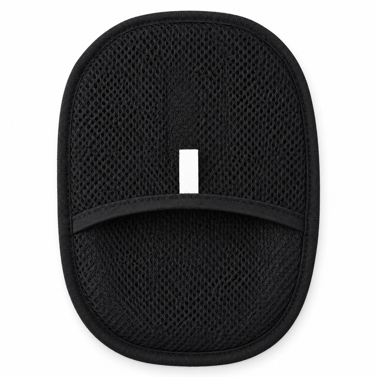 Mesh side and hand pocket of the black pet hair remover mitt