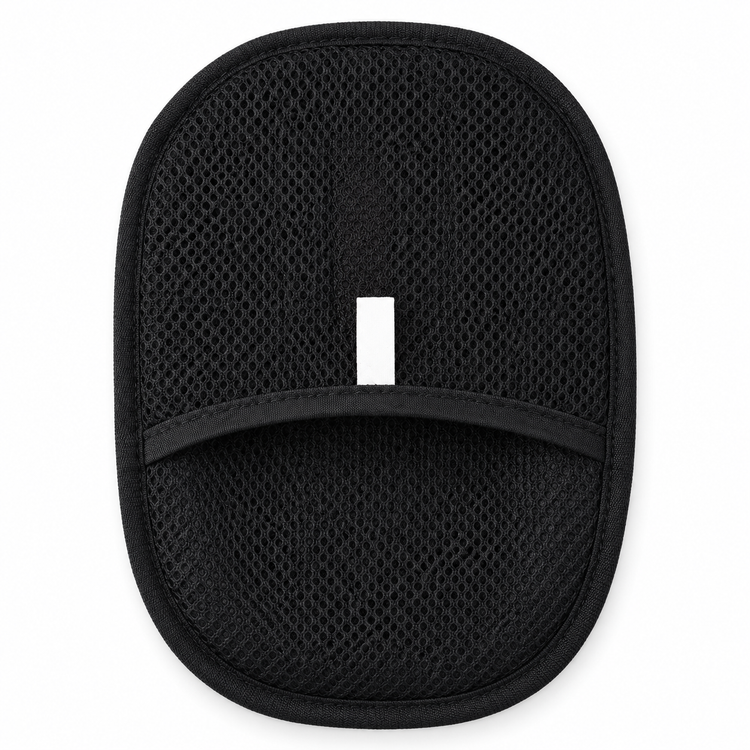 Mesh side and hand pocket of the black pet hair remover mitt
