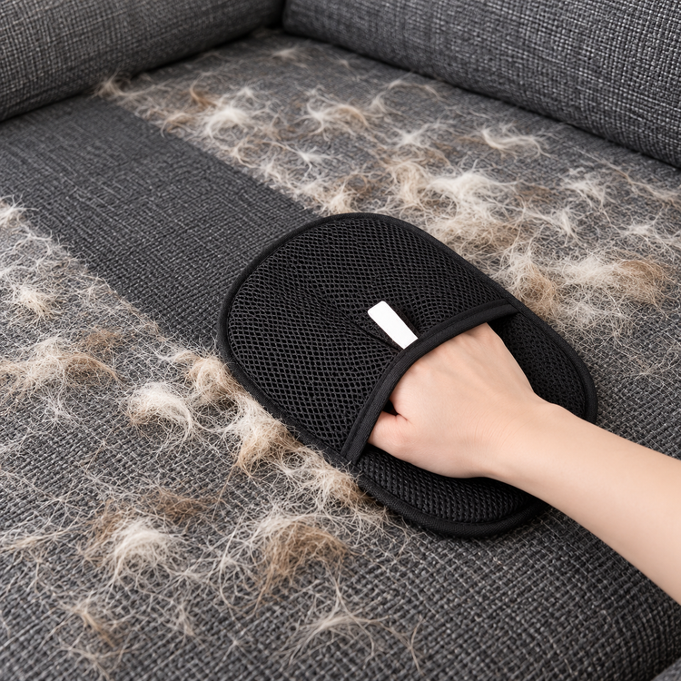 Using the black pet hair remover mitt on a fabric sofa to pick up loose pet hair
